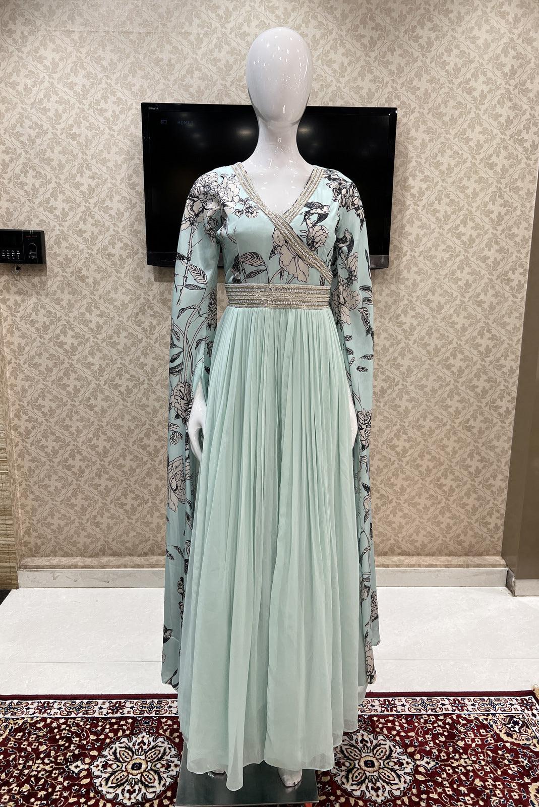 Sky Blue Printed, Beads and Pearl work Floor Length Anarkali Suit - Seasons Chennai