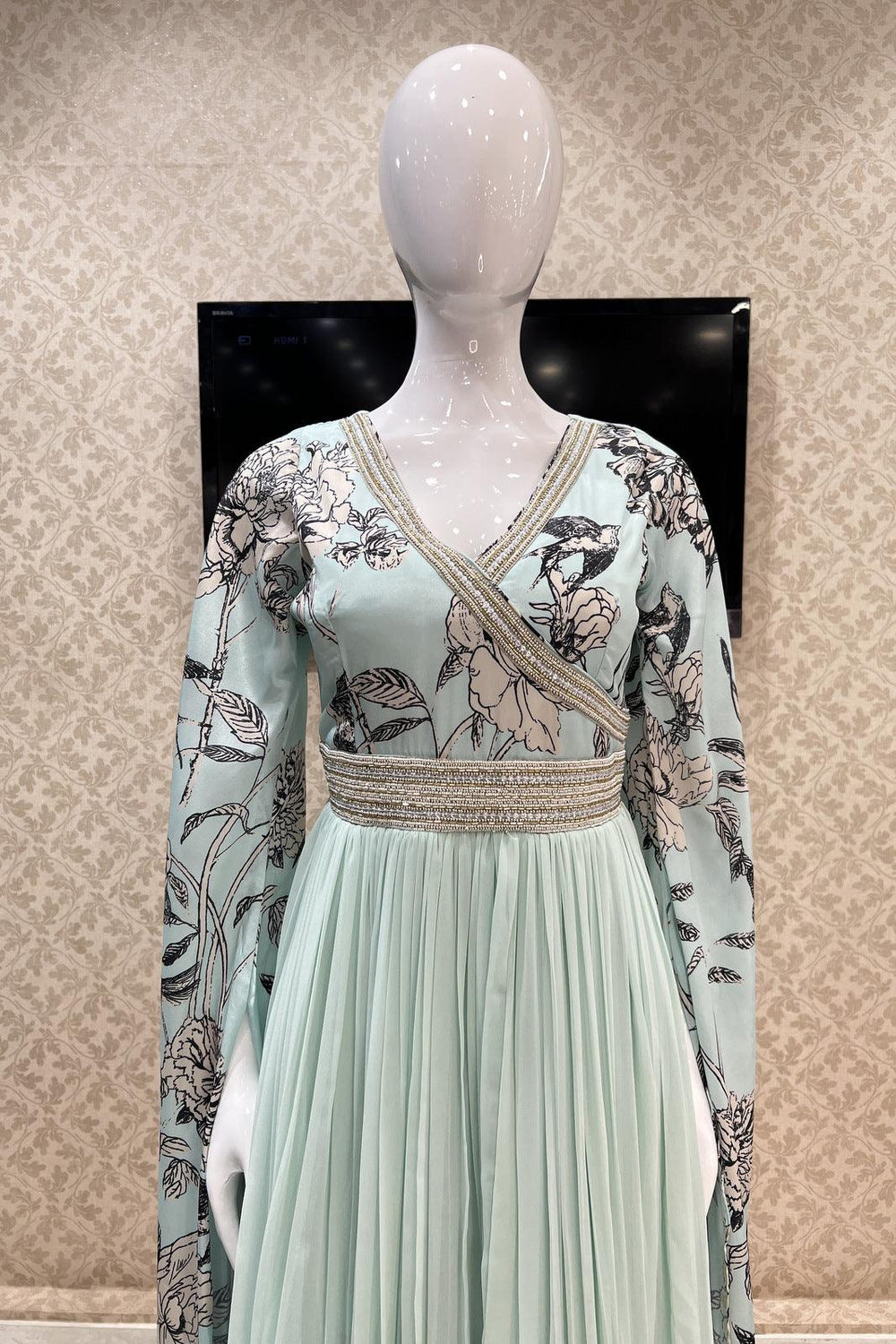 Sky Blue Printed, Beads and Pearl work Floor Length Anarkali Suit - Seasons Chennai