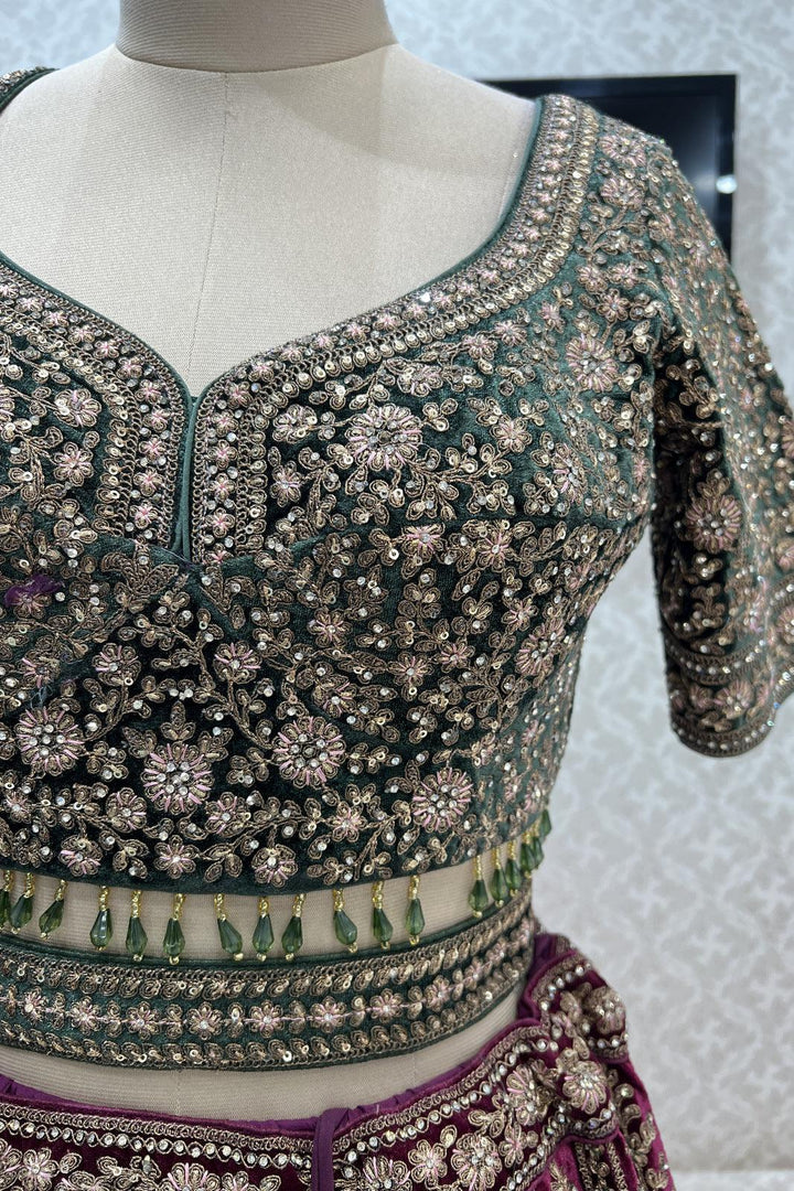 Magenta with Green Zari, Sequins, Stone and Thread work Crop Top Designer Bridal Lehenga - Seasons Chennai
