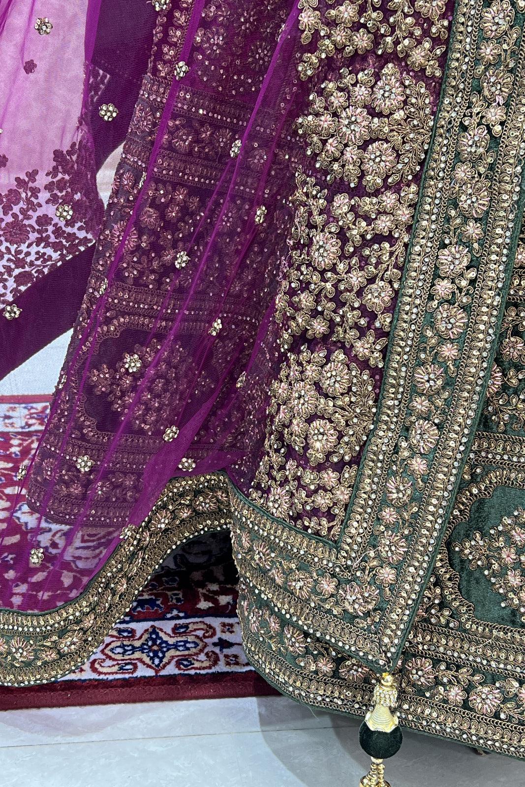 Magenta with Green Zari, Sequins, Stone and Thread work Crop Top Designer Bridal Lehenga - Seasons Chennai