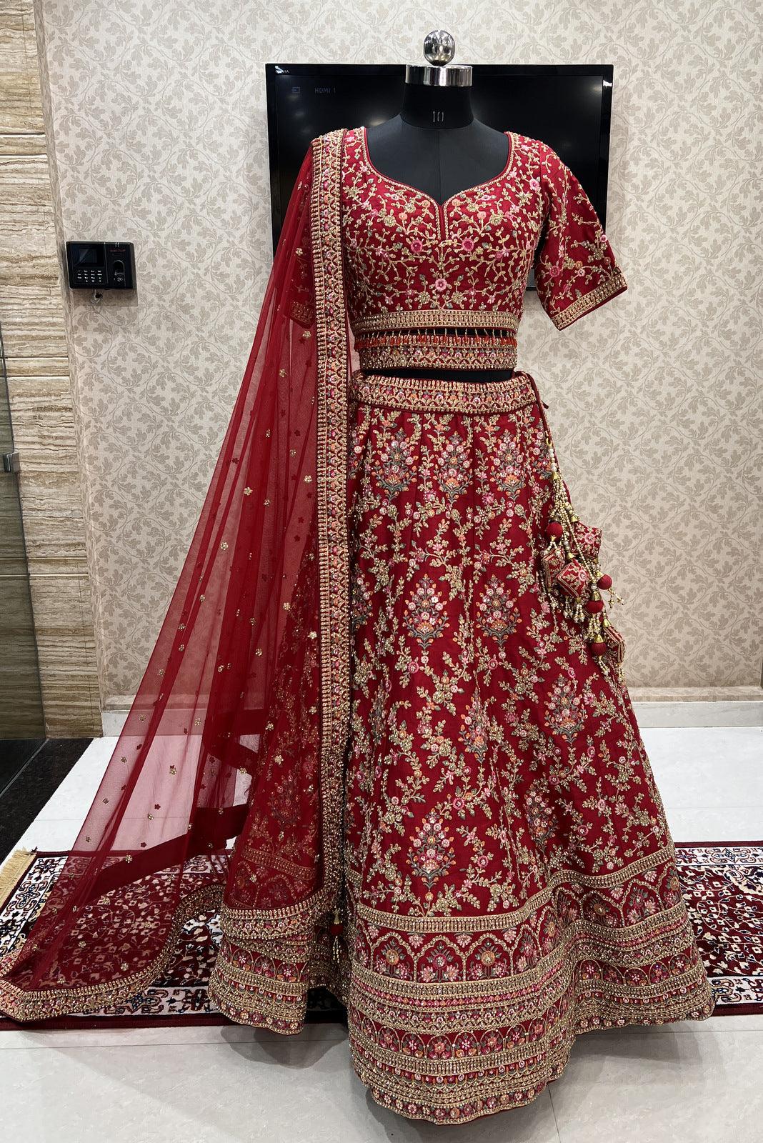 Brick Red Multicolor Embroidery, Stone and Zari work Crop Top Designer Bridal Lehenga with Blet - Seasons Chennai
