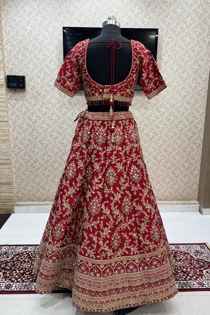 Brick Red Multicolor Embroidery, Stone and Zari work Crop Top Designer Bridal Lehenga with Blet - Seasons Chennai