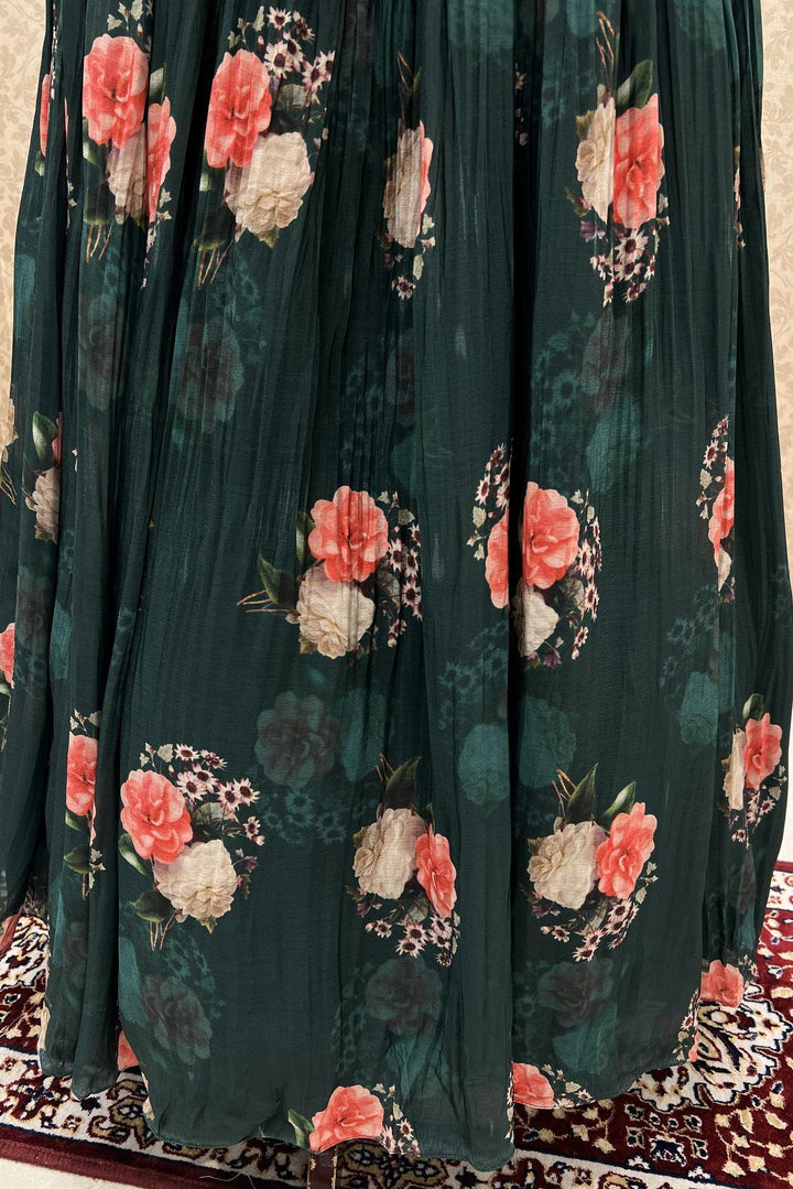 Bottle Green Mirror, Thread and Stone work with Digital Print Floor Length Anarkali Suit - Seasons Chennai