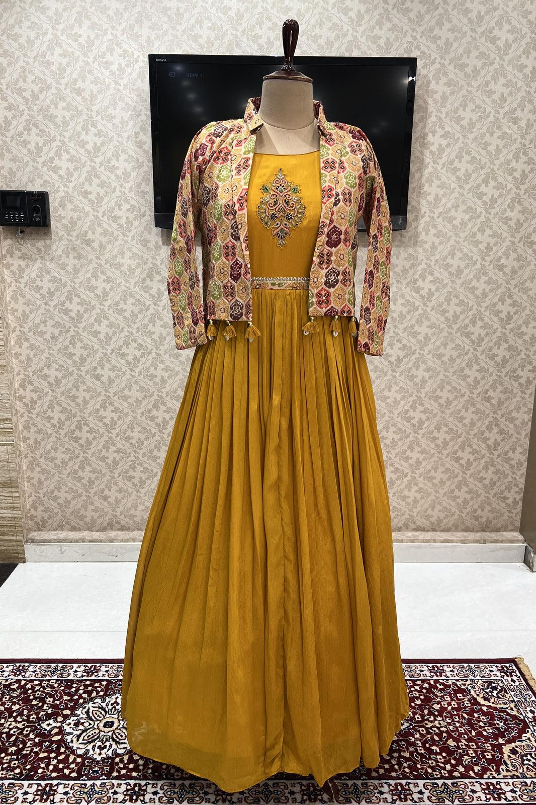Mustard Bandini Print, Zardozi, Sequins, Stone and Thread work Jacket Styled Floor Length Anarkali Suit - Seasons Chennai