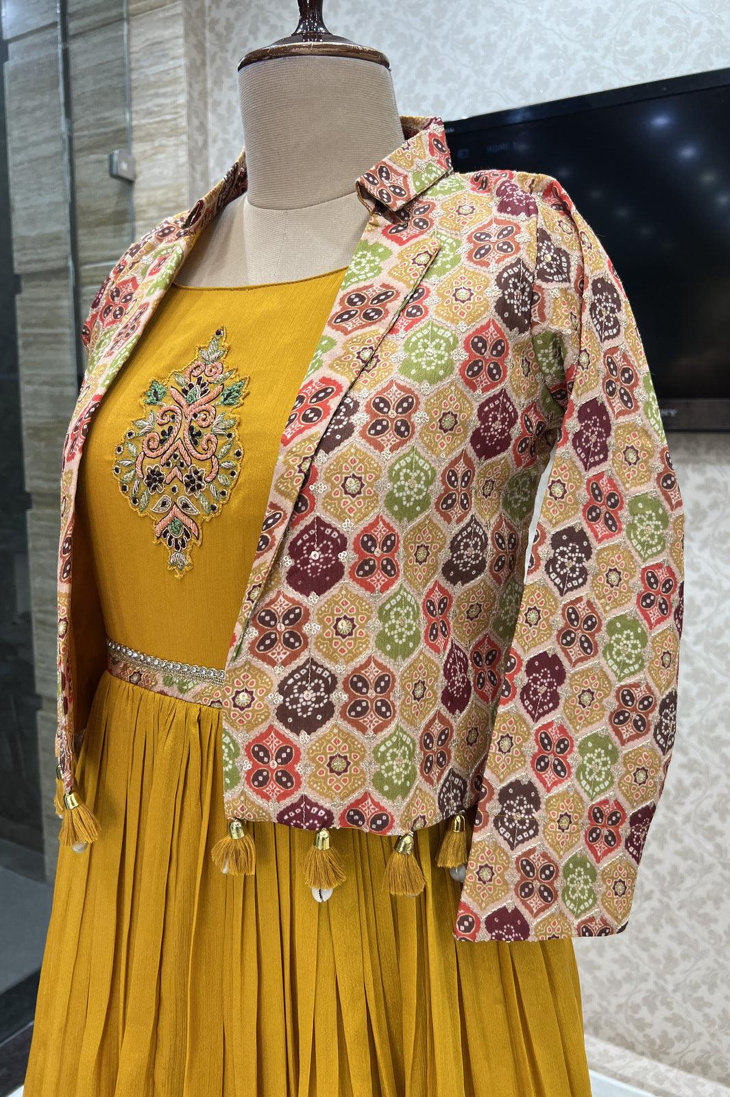 Mustard Bandini Print, Zardozi, Sequins, Stone and Thread work Jacket Styled Floor Length Anarkali Suit - Seasons Chennai