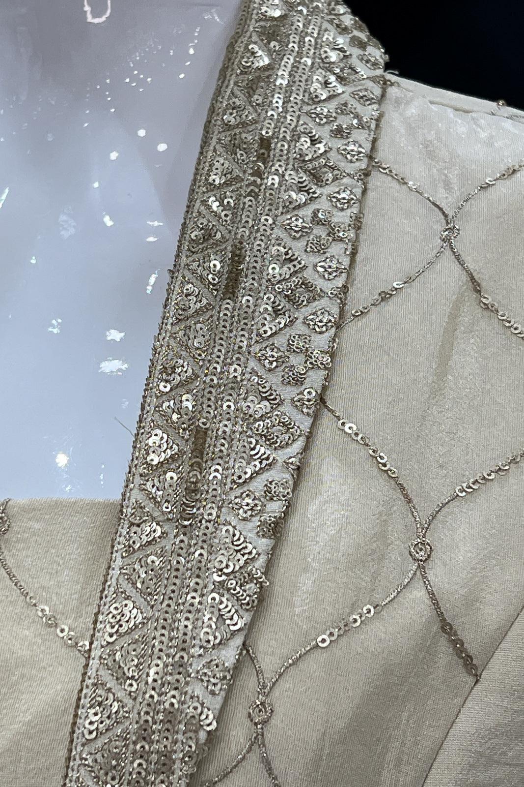 Cream Sequins, Zari, Zardozi and Pearl work Overcoat Styled Brocade Pattern Palazzo Suit Set - Seasons Chennai