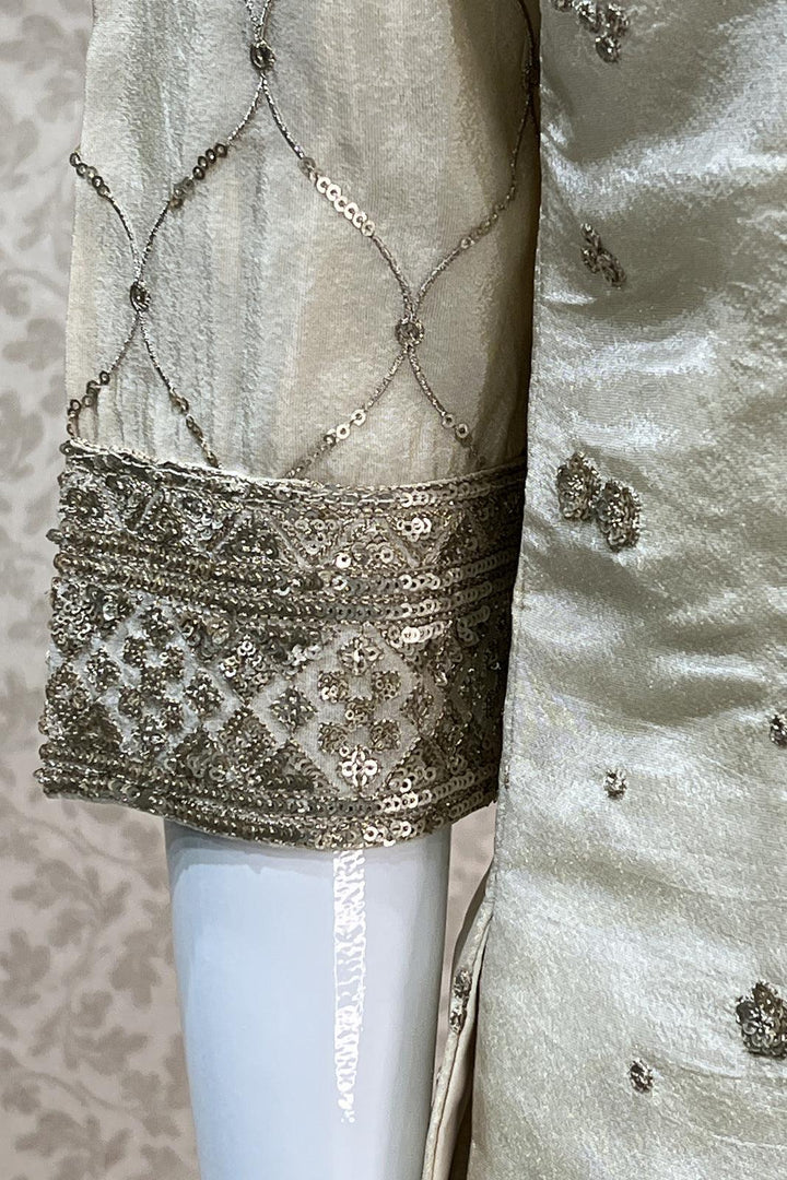 Cream Sequins, Zari, Zardozi and Pearl work Overcoat Styled Brocade Pattern Palazzo Suit Set - Seasons Chennai
