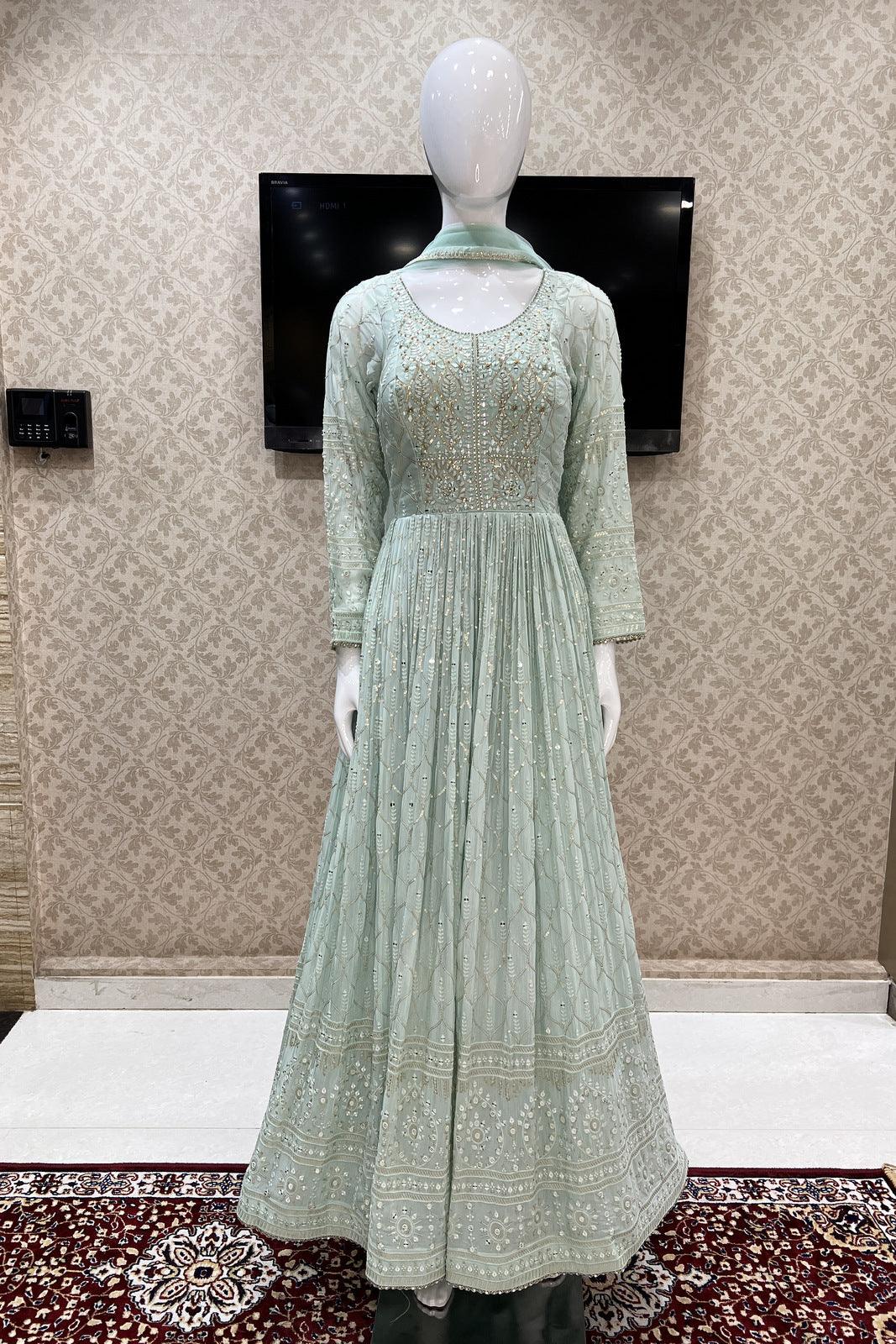 Light Blue Thread, Sequins, Zardozi and Stone work Floor Length Anarkali Suit - Seasons Chennai