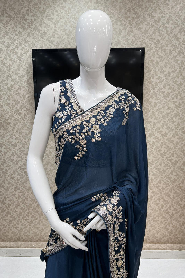 Peacock Blue Zari and Sequins work Saree and Matching Readymade Blouse - Seasons Chennai
