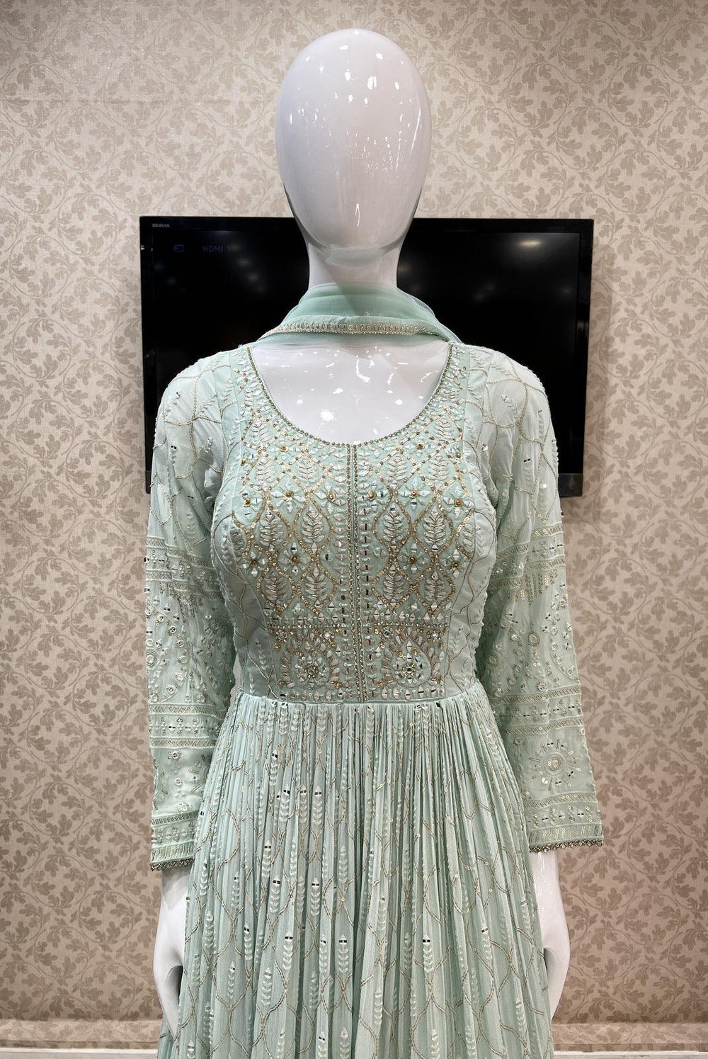 Light Blue Thread, Sequins, Zardozi and Stone work Floor Length Anarkali Suit - Seasons Chennai