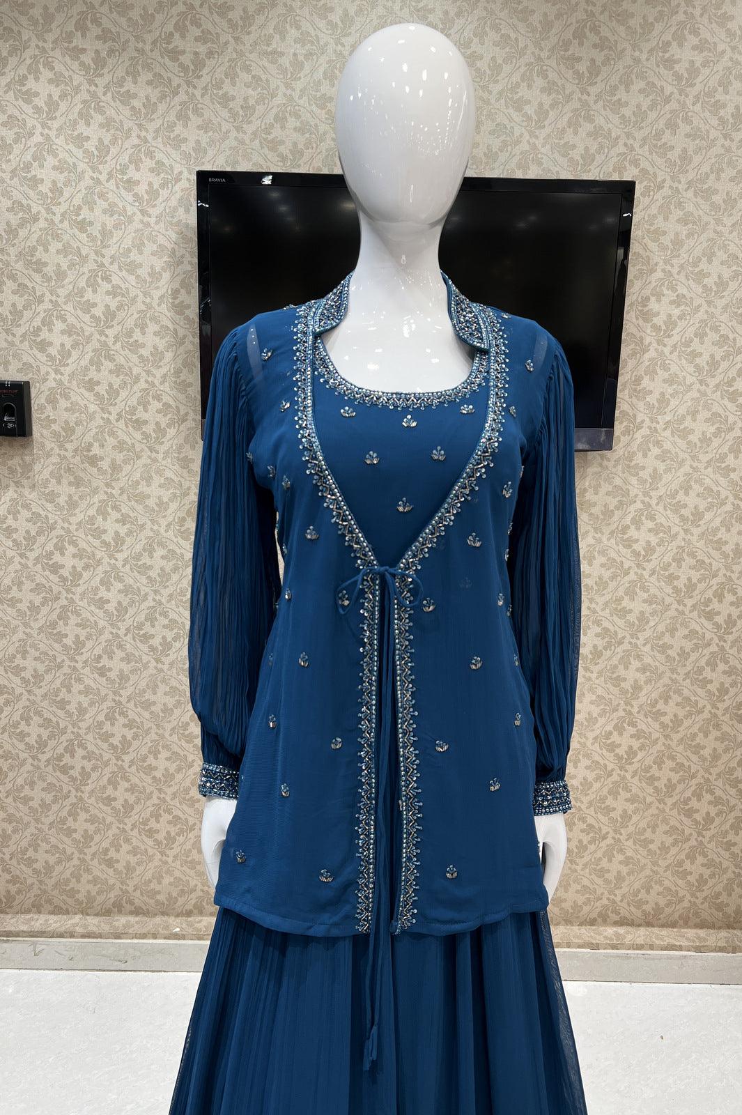 Peacock Blue Beads and Sequins work Overcoat Styled Floor Length Anarkali Suit - Seasons Chennai