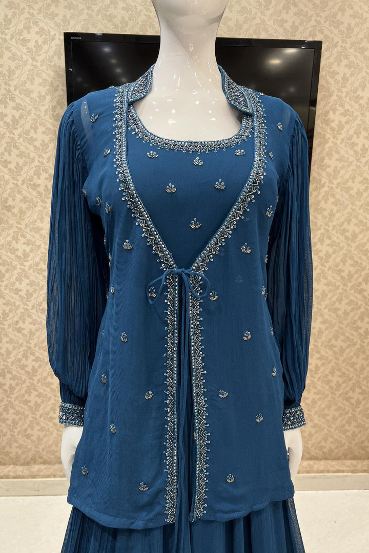 Peacock Blue Beads and Sequins work Overcoat Styled Floor Length Anarkali Suit - Seasons Chennai