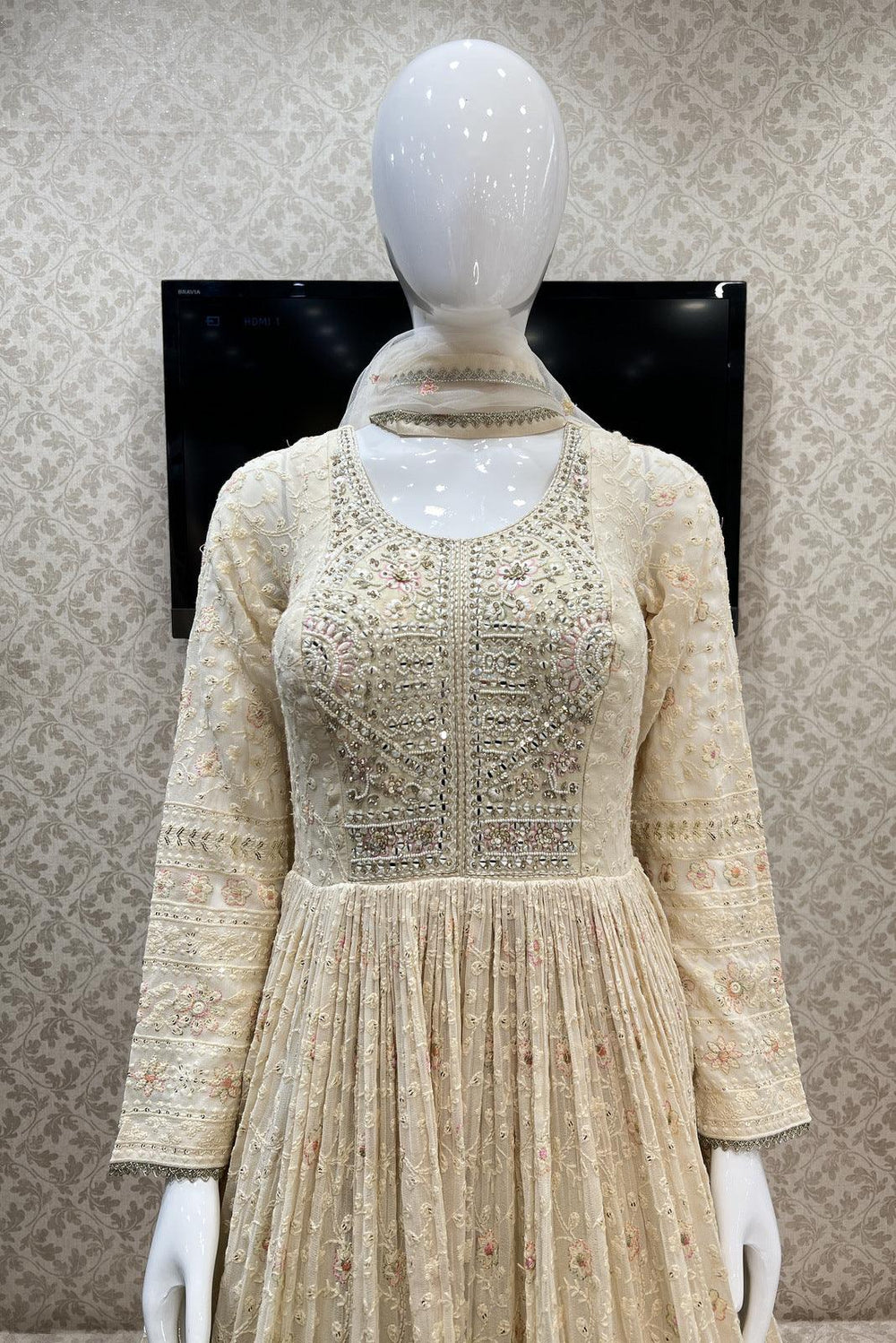 Beige Lucknowi Thread, Sequins, Stone, Mirror and Pearl work Floor Length Anarkali Suit - Seasons Chennai