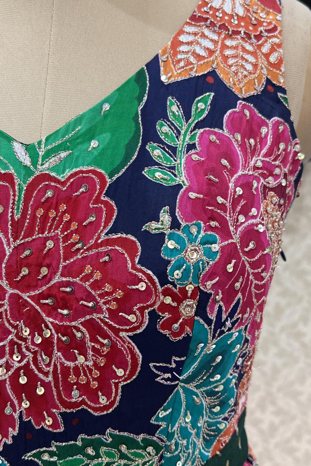 Navy Blue with Floral Print and Zari work Floor Length Anarkali Suit - Seasons Chennai