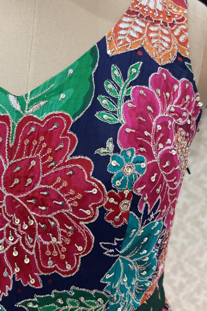 Navy Blue with Floral Print and Zari work Floor Length Anarkali Suit - Seasons Chennai