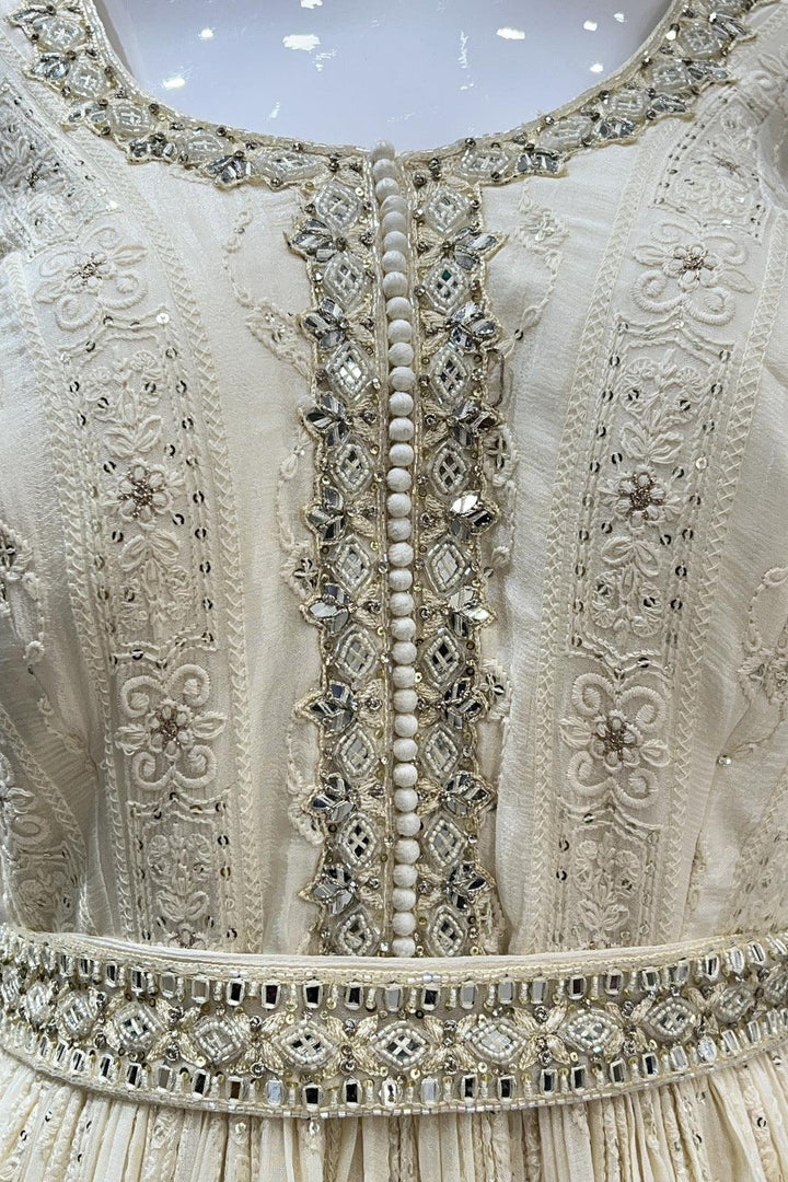 Cream Lucknowi Thread, Sequins, Mirror, Beads and Stone work Floor Length Anarkali Suit - Seasons Chennai