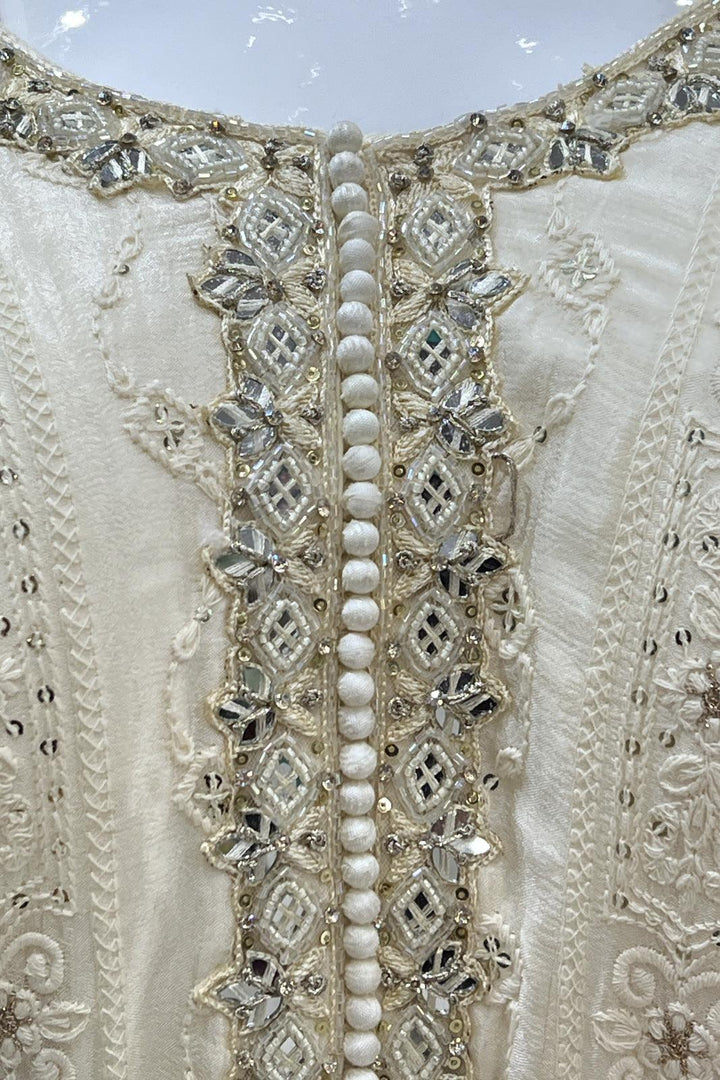 Cream Lucknowi Thread, Sequins, Mirror, Beads and Stone work Floor Length Anarkali Suit - Seasons Chennai
