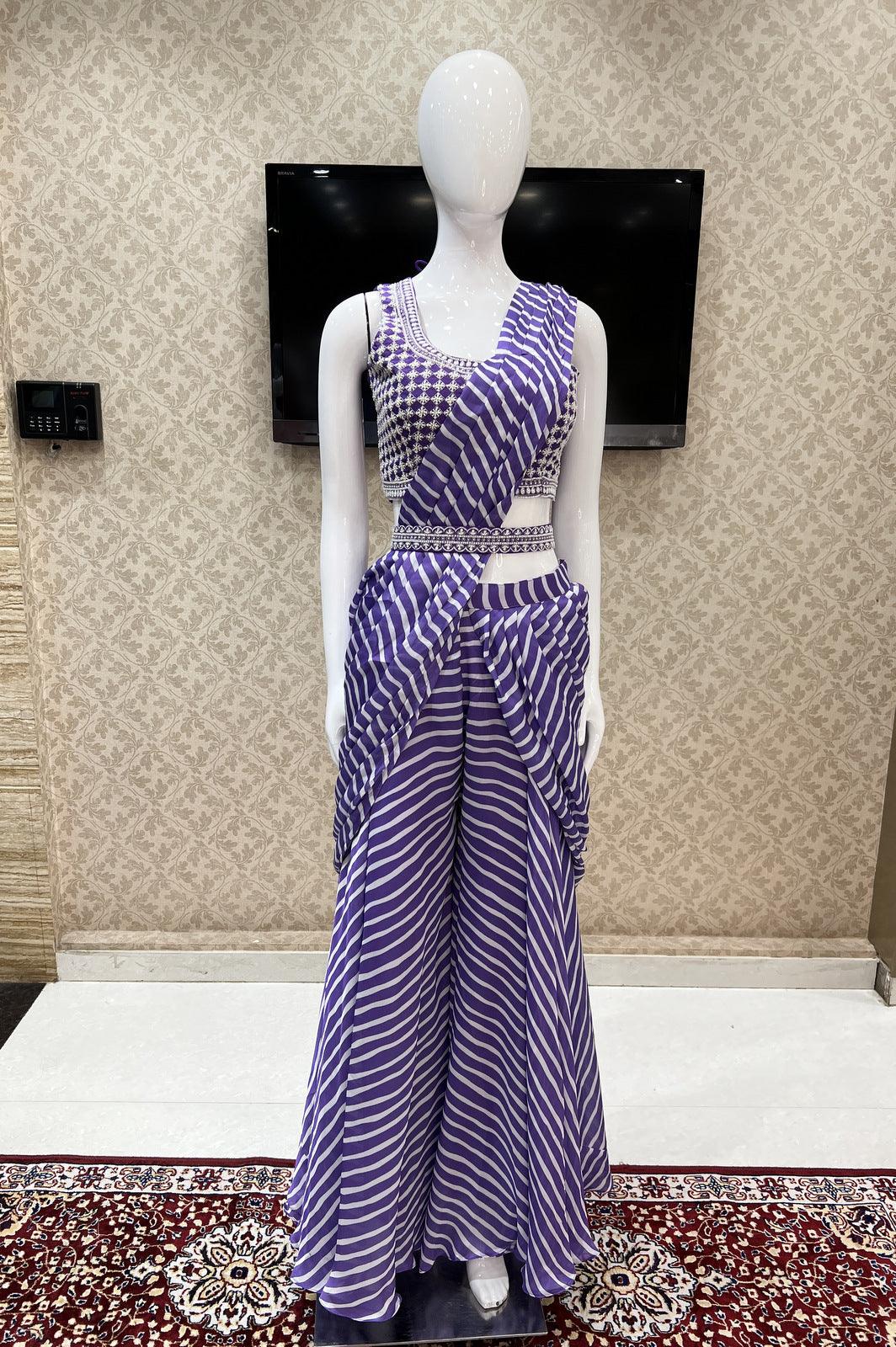Dark Lavender Pearl work with Leheriya Print Half Saree Styled Crop Top Palazzo Set - Seasons Chennai
