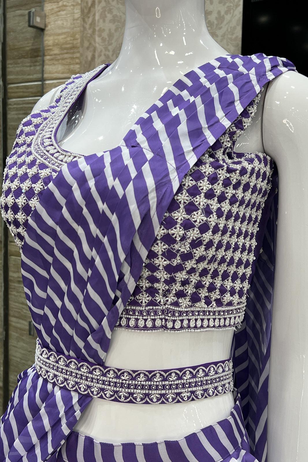 Dark Lavender Pearl work with Leheriya Print Half Saree Styled Crop Top Palazzo Set - Seasons Chennai