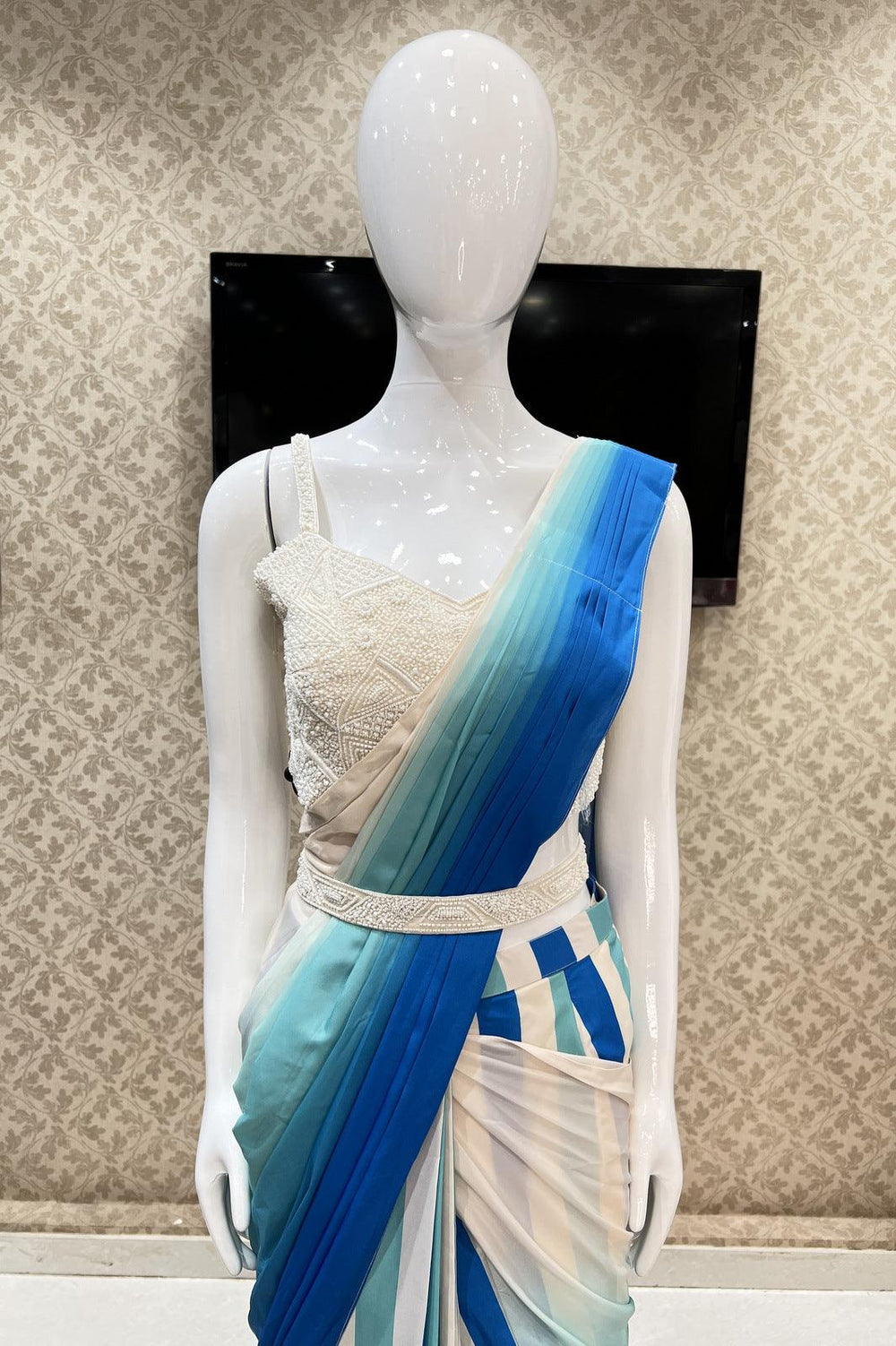 Cream with Multicolor Drape Style Pearl, Thread and Sequins work Crop Top Lehenga - Seasons Chennai