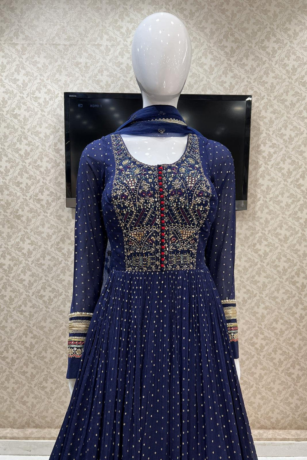 Navy Blue Banaras Butta, Mirror, Stone, Sequins and Thread work Floor Length Anarkali Suit - Seasons Chennai