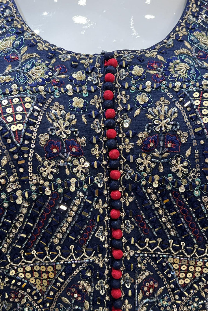 Navy Blue Banaras Butta, Mirror, Stone, Sequins and Thread work Floor Length Anarkali Suit - Seasons Chennai