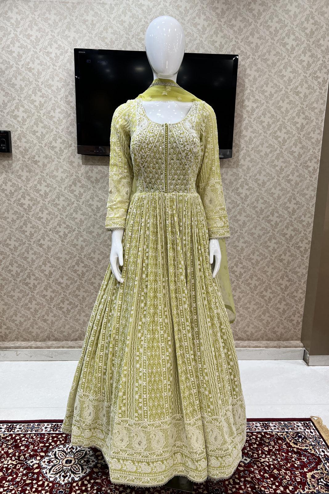 Liril Green Lucknowi Thread, Sequins, Stone and Beads work Floor Length Anarkali Suit - Seasons Chennai
