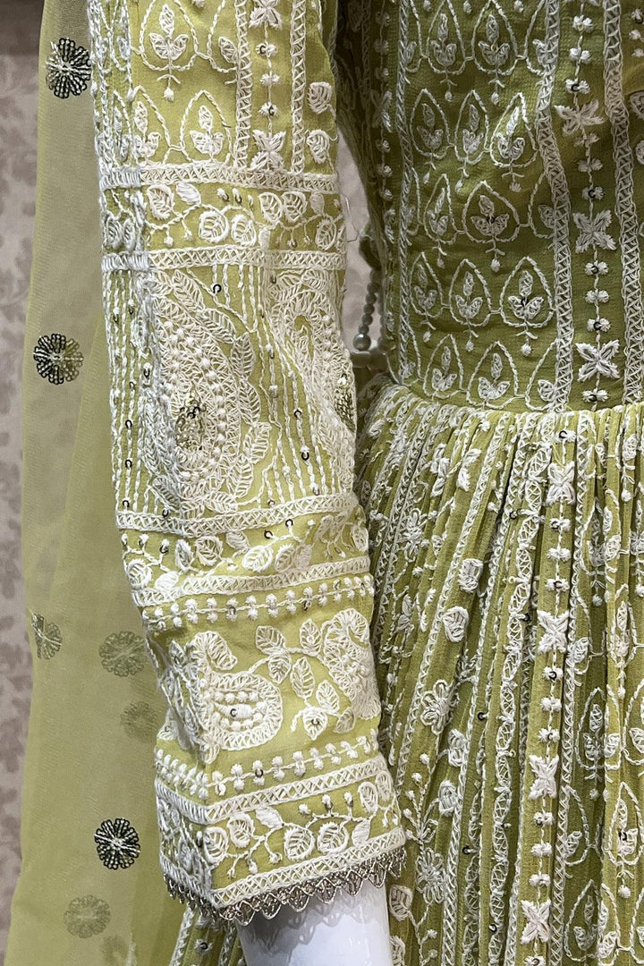 Liril Green Lucknowi Thread, Sequins, Stone and Beads work Floor Length Anarkali Suit - Seasons Chennai