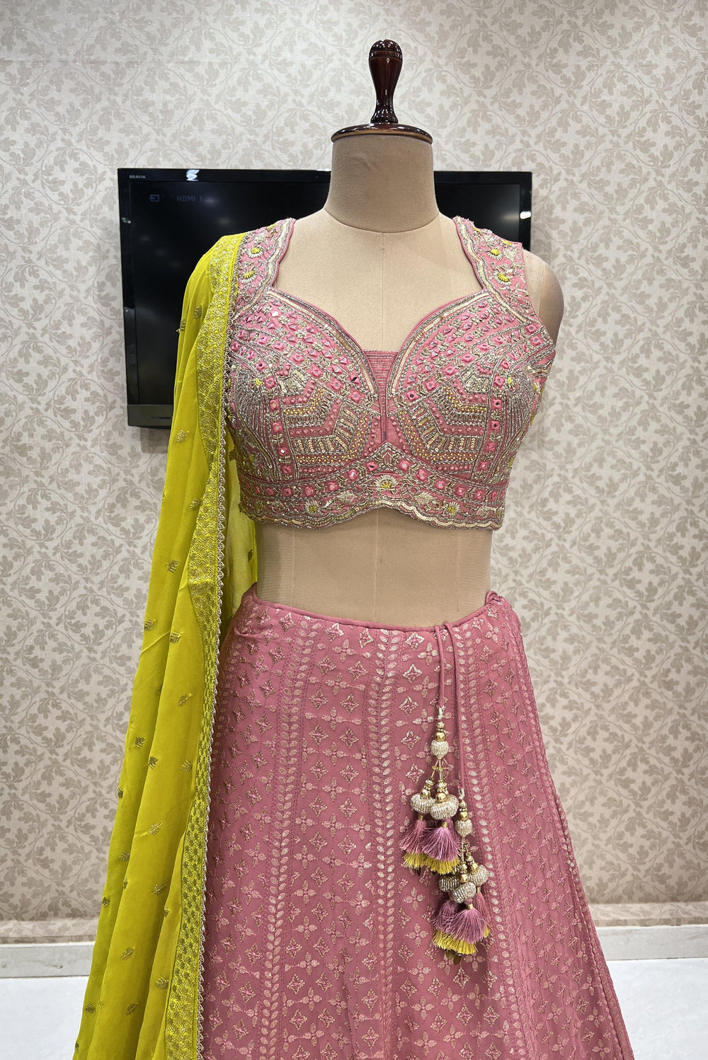 Onion Zari, Thread, Sequins, Mirror, Beads and Thread work Crop Top Lehenga - Seasons Chennai