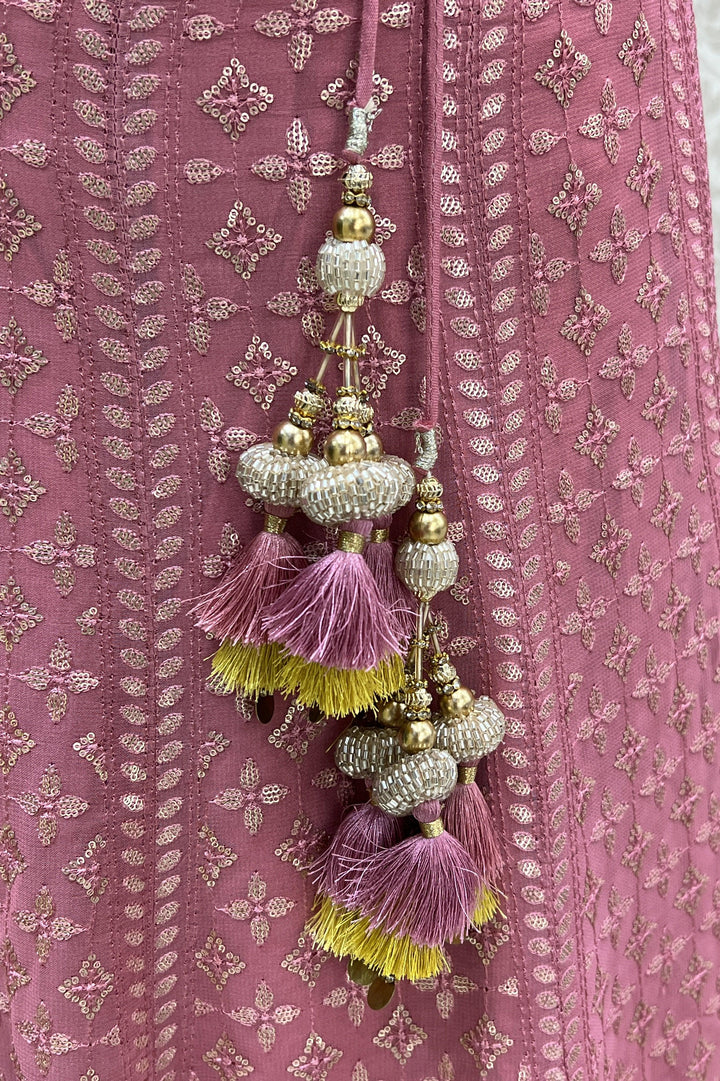 Onion Zari, Thread, Sequins, Mirror, Beads and Thread work Crop Top Lehenga - Seasons Chennai