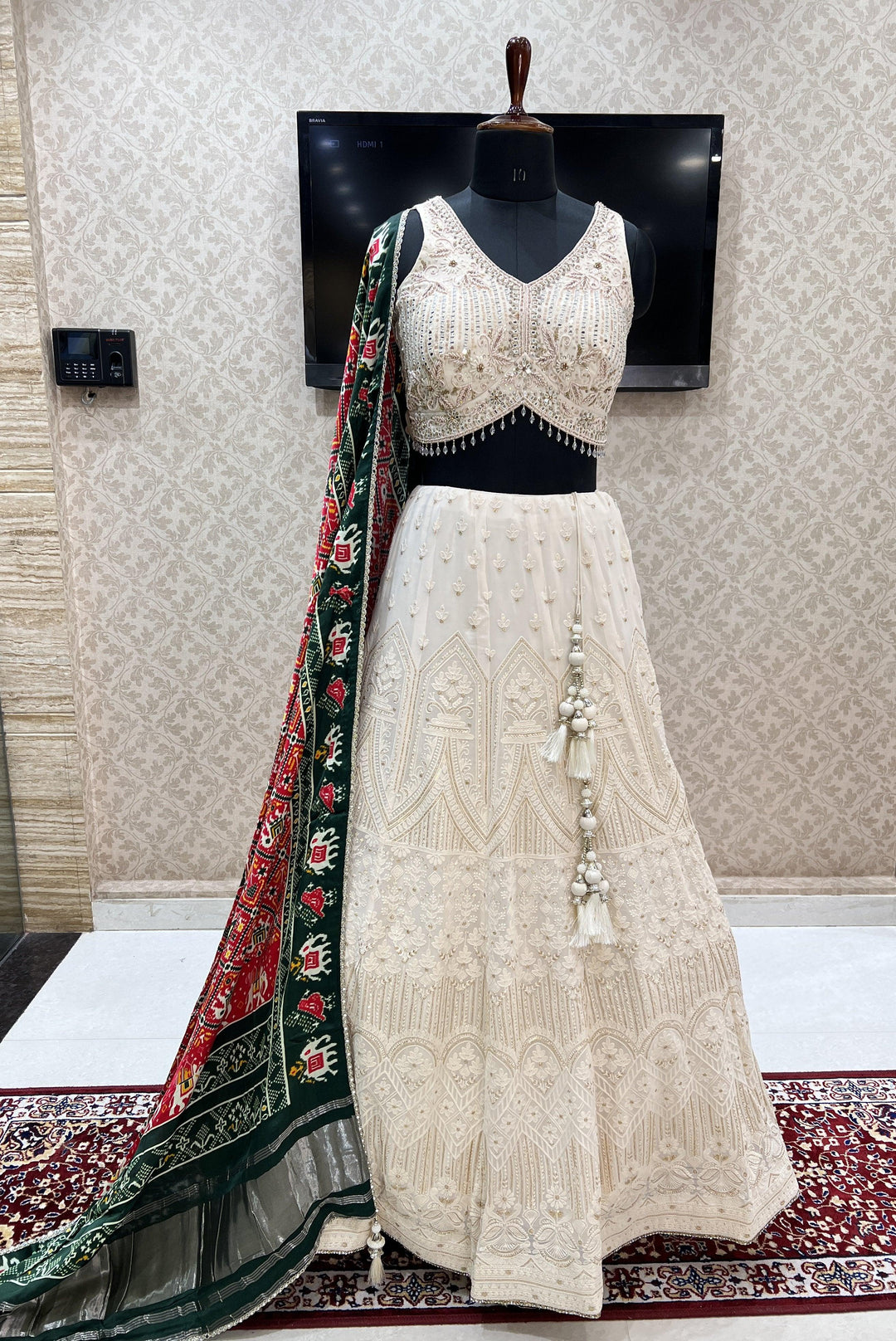 Cream Beads, Mirror, Stone and Sequins work Crop Top Lehenga with Kalamkari Print Dupatta - Seasons Chennai
