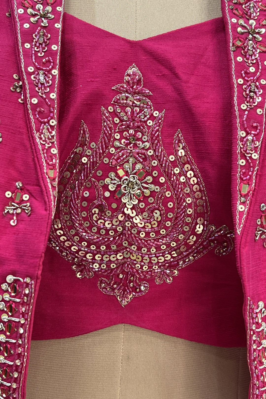 Rani Pink Sequins, Mirror, Beads, Kundan, Thread and Zari work Jacket Styled Crop Top Lehenga - Seasons Chennai