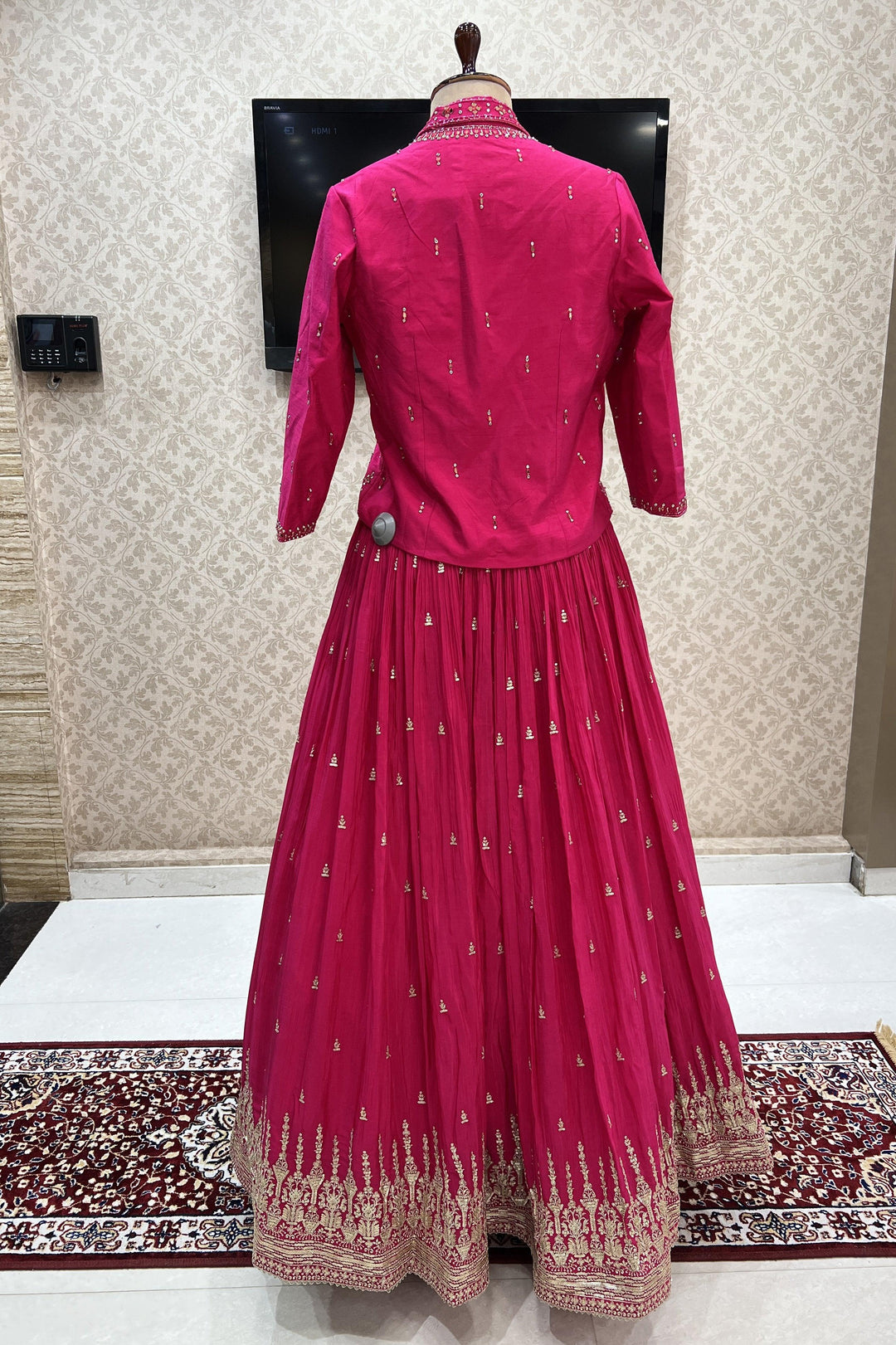 Rani Pink Sequins, Mirror, Beads, Kundan, Thread and Zari work Jacket Styled Crop Top Lehenga - Seasons Chennai