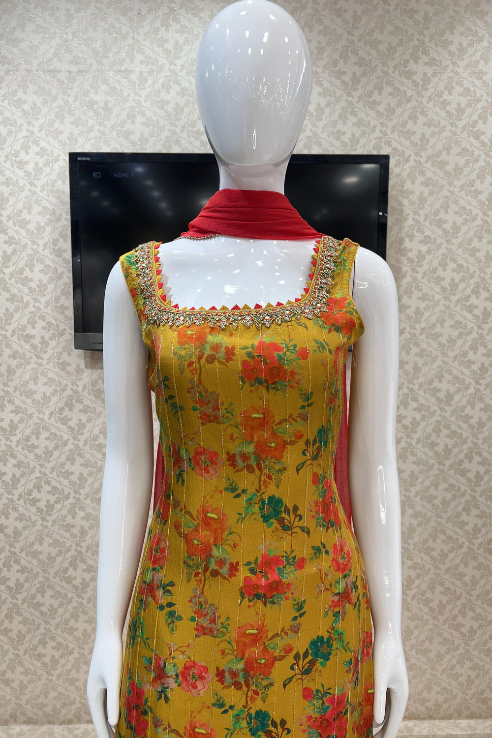 Mustard Sequins, Zardozi, Mirror and Beads work with Floral Print Straight Cut Salwar Suit - Seasons Chennai