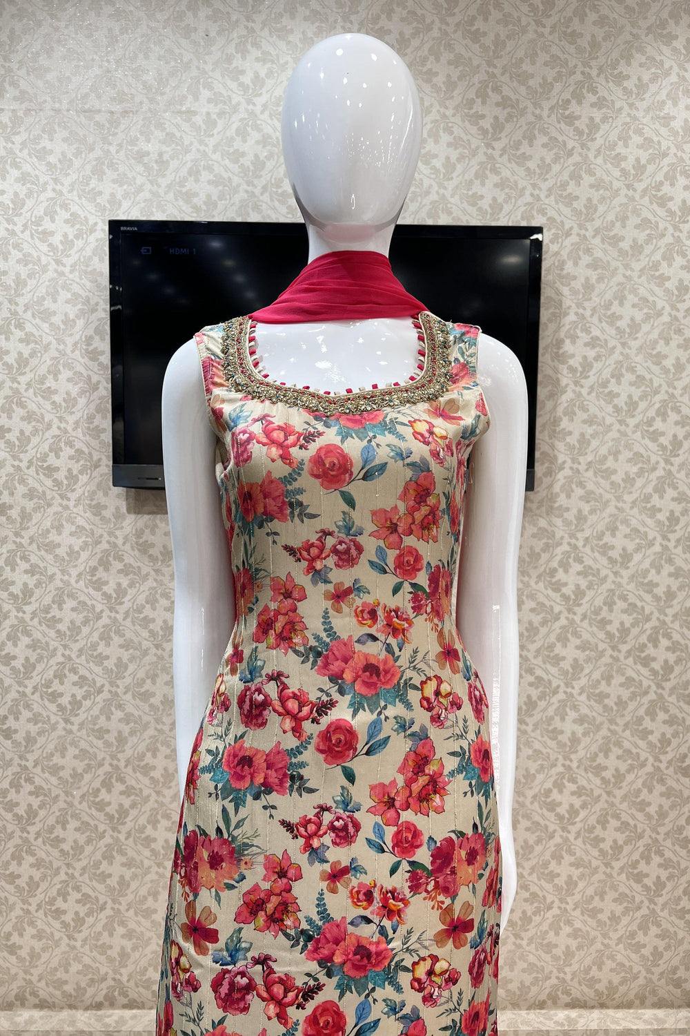 Beige Kundan, Beads, Sequins and Zardozi work with Floral Print Straight Cut Salwar Suit - Seasons Chennai