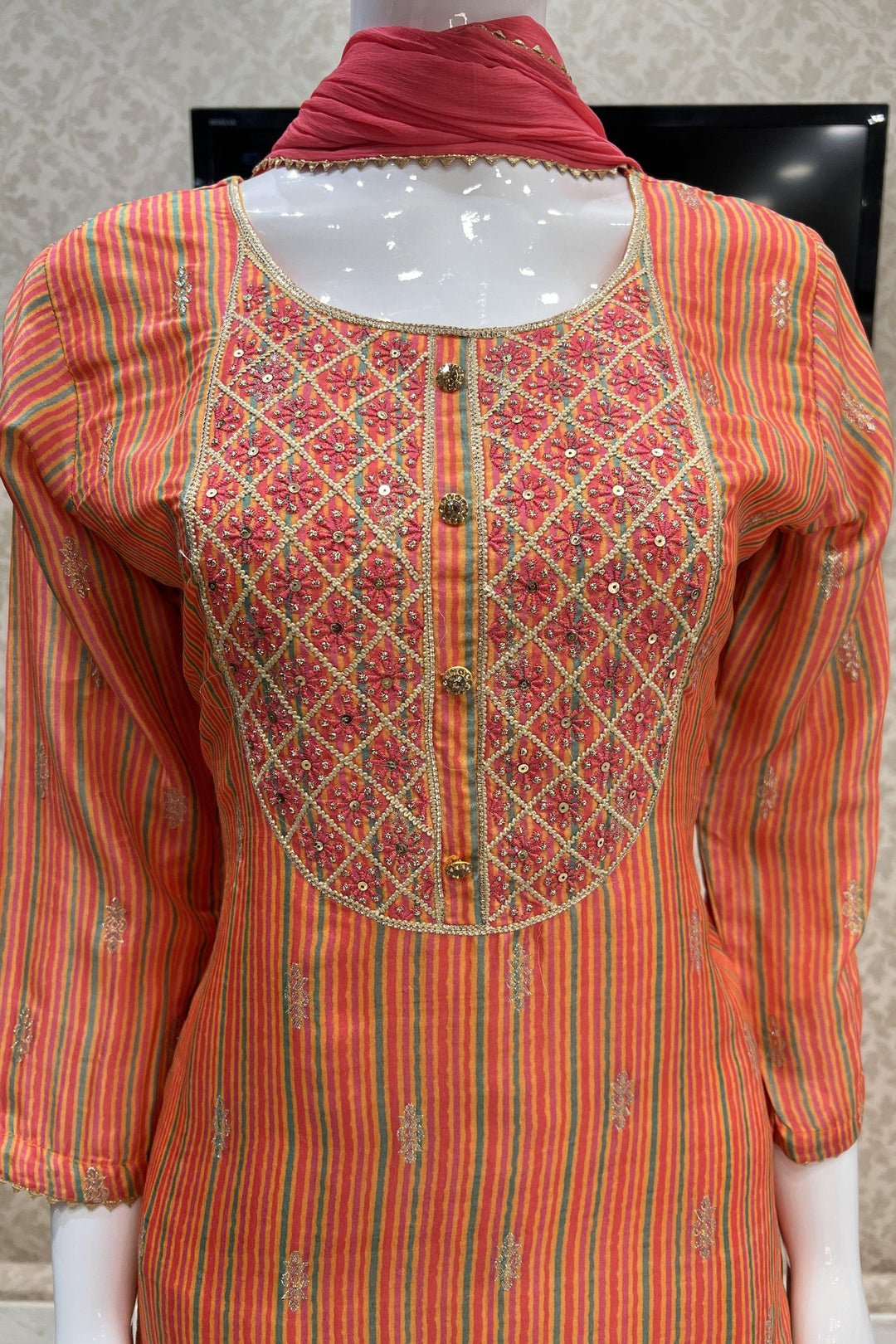 Orange with Multicolor Print, Sequins, Thread and Banaras work Straight Cut Salwar Suit - Seasons Chennai