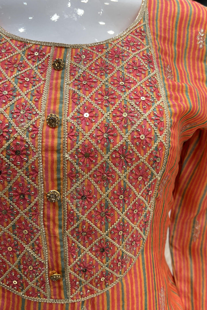 Orange with Multicolor Print, Sequins, Thread and Banaras work Straight Cut Salwar Suit - Seasons Chennai