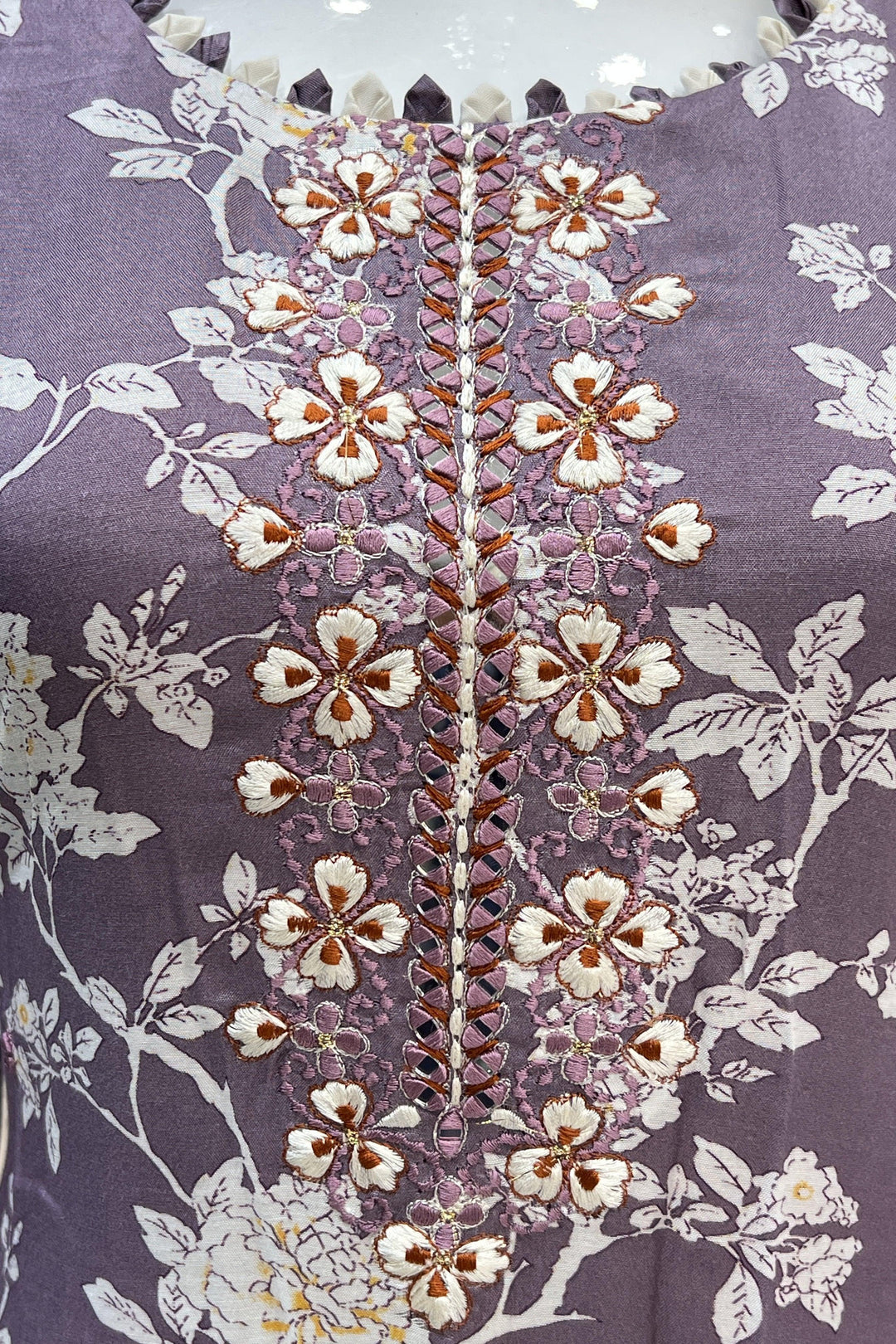 Lilac Embroidery and Mirror work with Floral Print Straight Cut Salwar Suit - Seasons Chennai