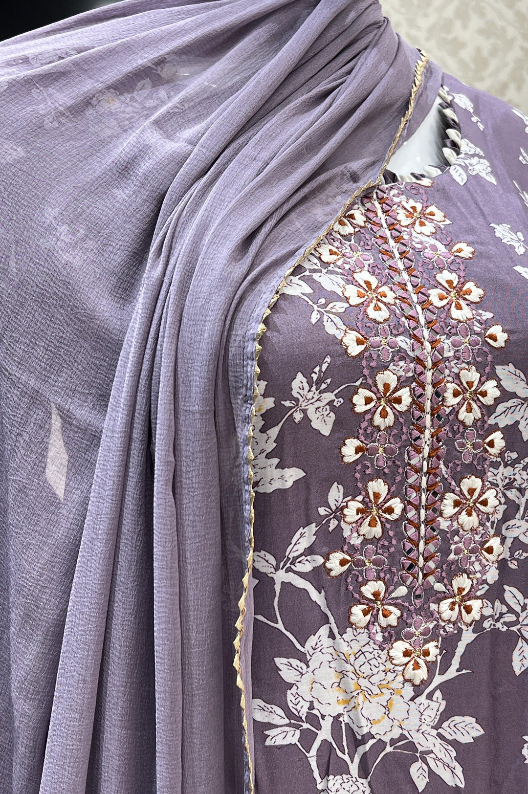 Lilac Embroidery and Mirror work with Floral Print Straight Cut Salwar Suit - Seasons Chennai
