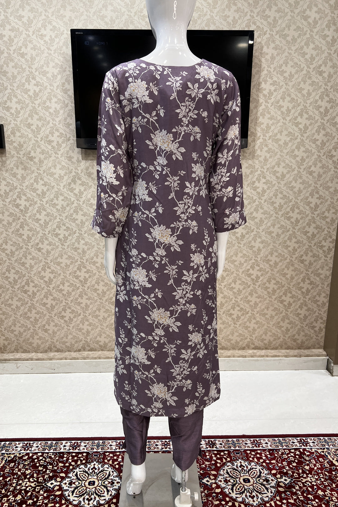 Lilac Embroidery and Mirror work with Floral Print Straight Cut Salwar Suit