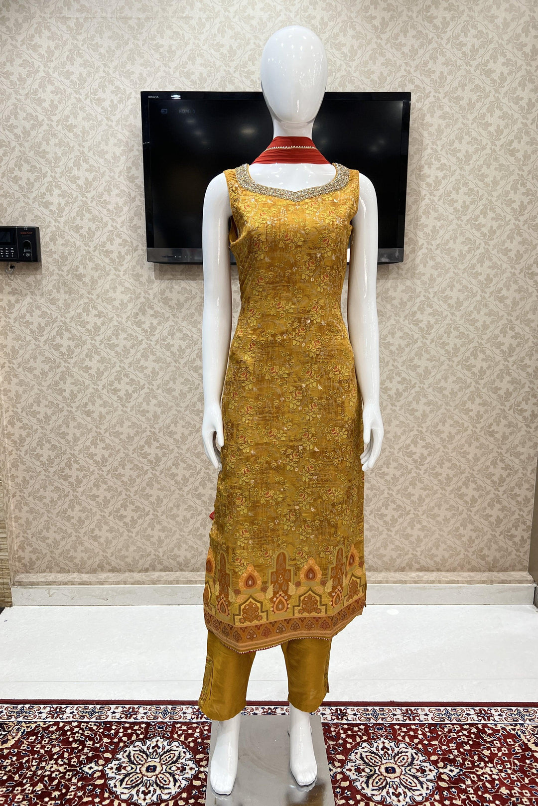 Mustard Digital Print, Banaras, Beads, Zardozi and Mirror work Straight Cut Salwar Suit - Seasons Chennai
