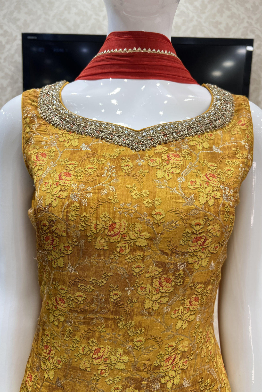 Mustard Digital Print, Banaras, Beads, Zardozi and Mirror work Straight Cut Salwar Suit - Seasons Chennai