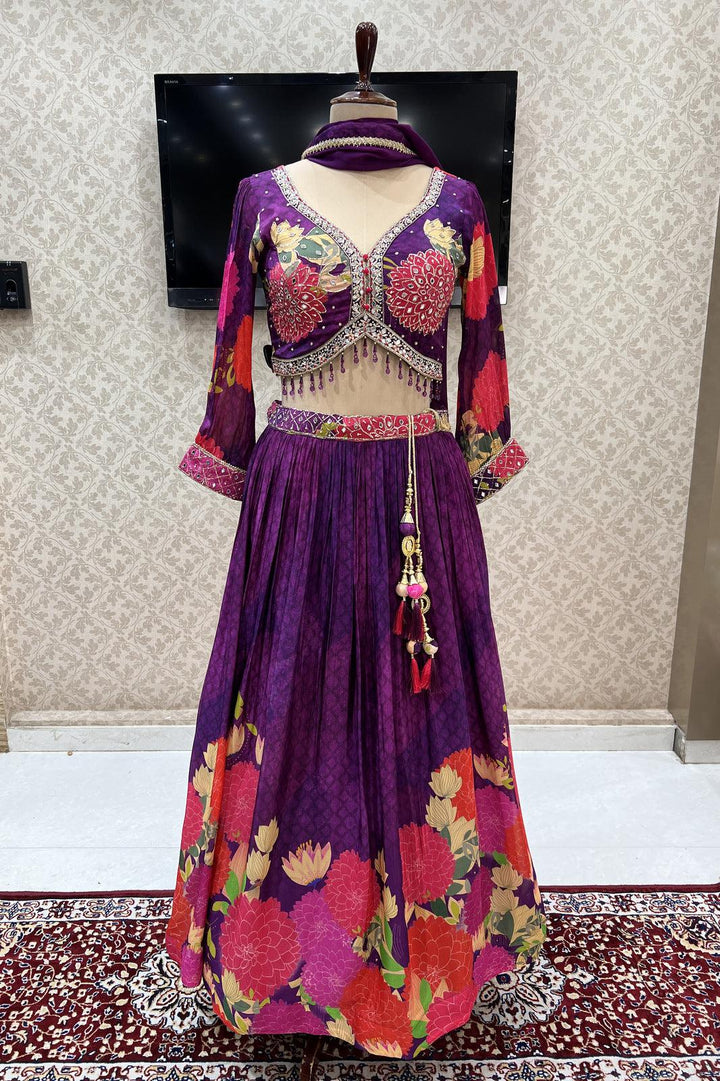 Violet Floral Print, Mirror, Zardozi, Beads and Pearl work Crop Top Lehenga - Seasons Chennai