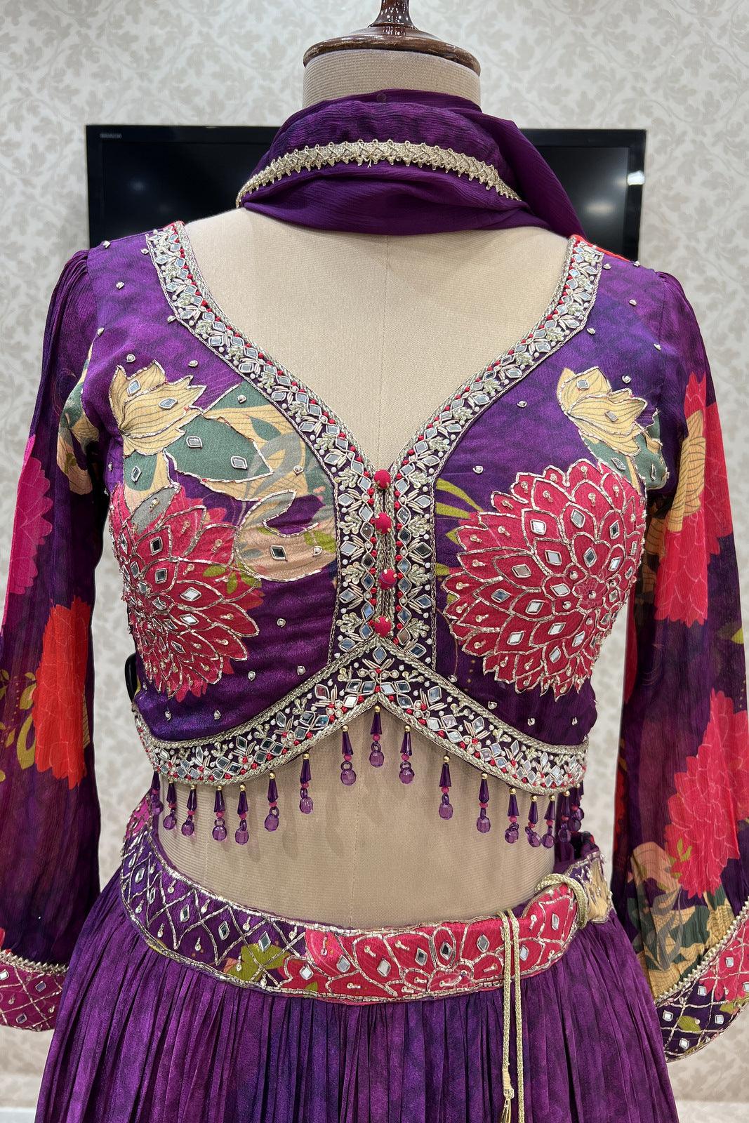 Violet Floral Print, Mirror, Zardozi, Beads and Pearl work Crop Top Lehenga - Seasons Chennai