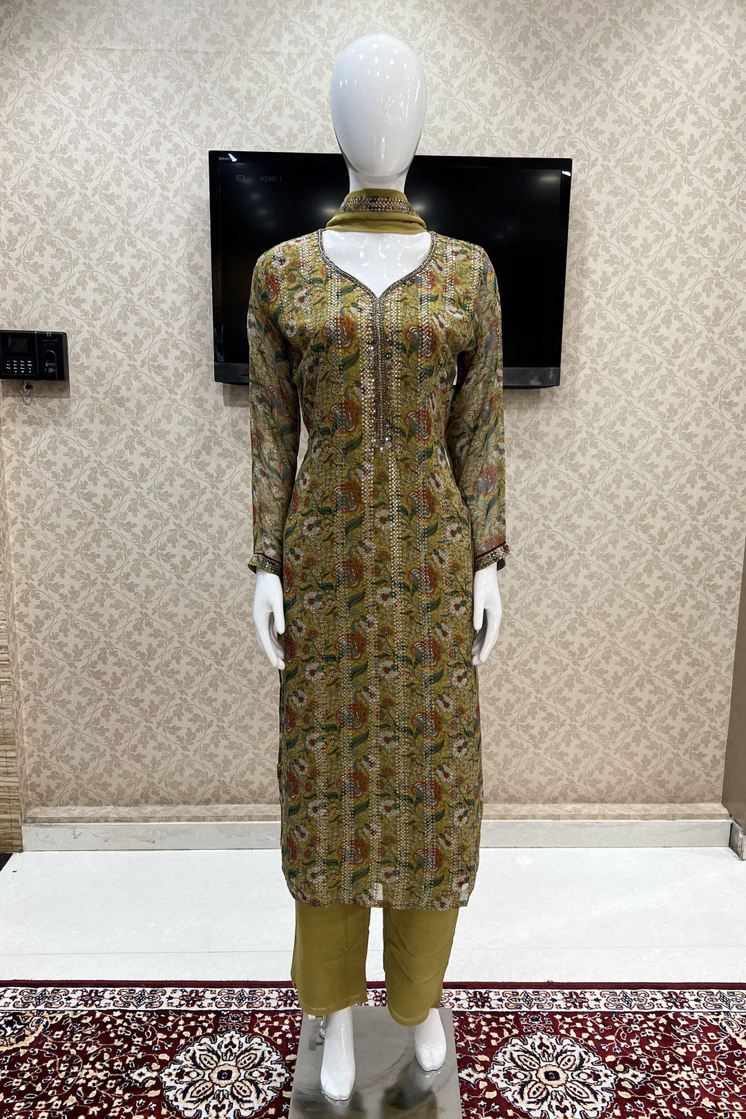 Mehendi Green Floral Print, Sequins, Pearl and Beads work Straight Cut Salwar Suit - Seasons Chennai
