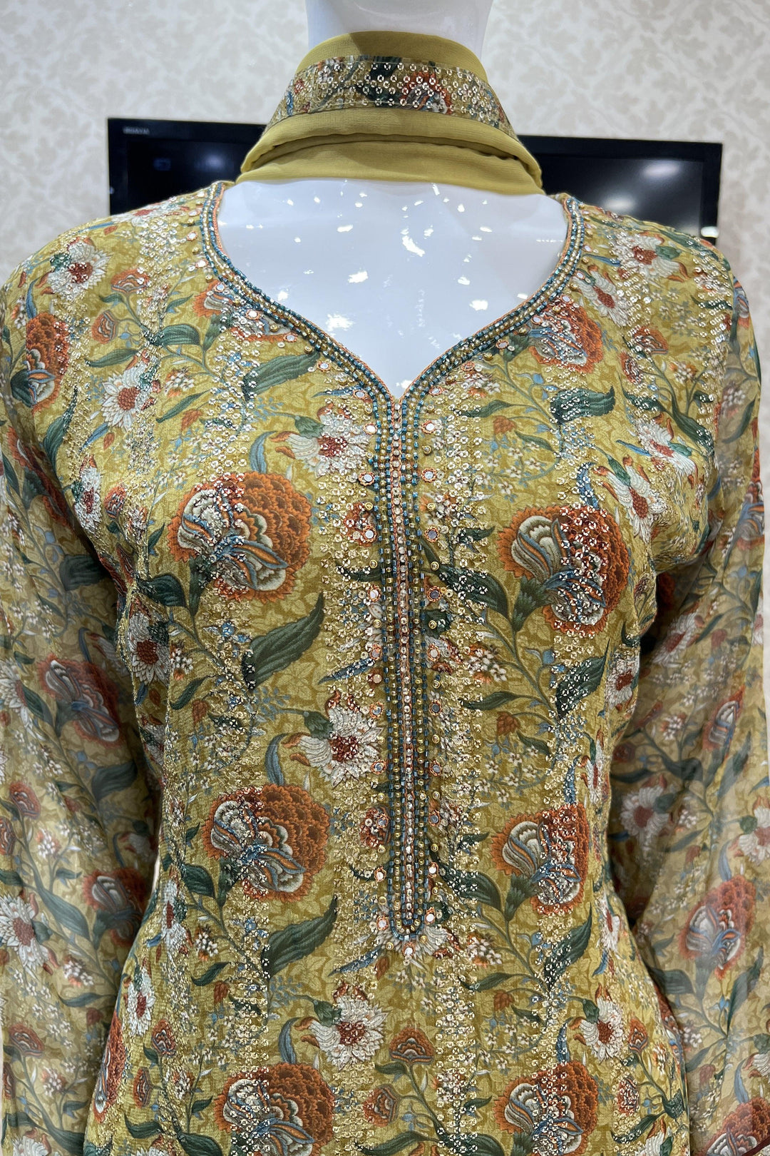 Mehendi Green Floral Print, Sequins, Pearl and Beads work Straight Cut Salwar Suit - Seasons Chennai