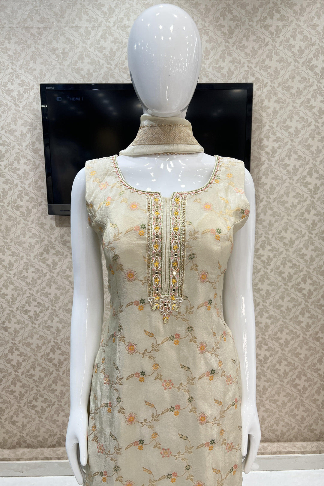 Golden Beige Beads, Sequins, Banaras and Thread work Straight Cut Salwar Suit - Seasons Chennai