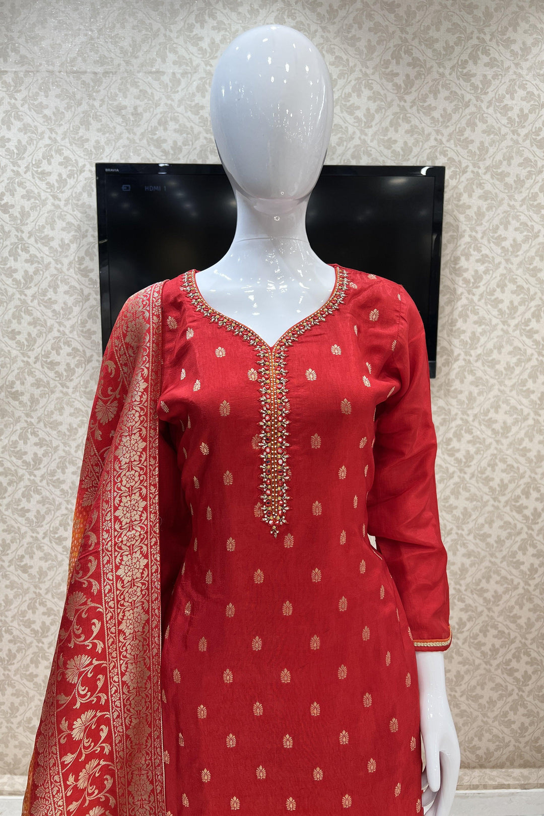 Red Mirror, Beads, Pearl, Zari, Banaras and Thread work Straight Cut Salwar Suit - Seasons Chennai