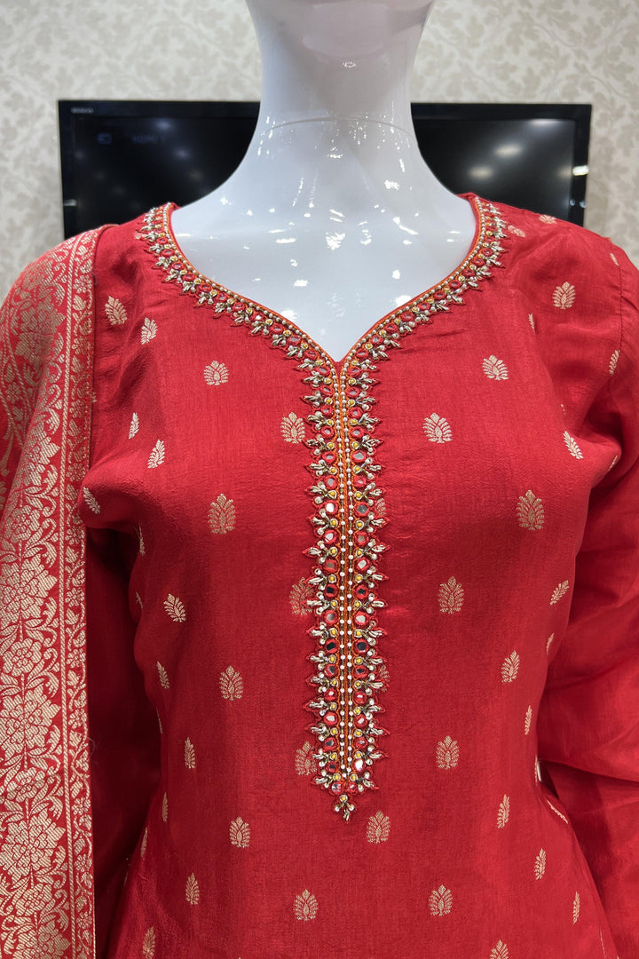 Red Mirror, Beads, Pearl, Zari, Banaras and Thread work Straight Cut Salwar Suit - Seasons Chennai