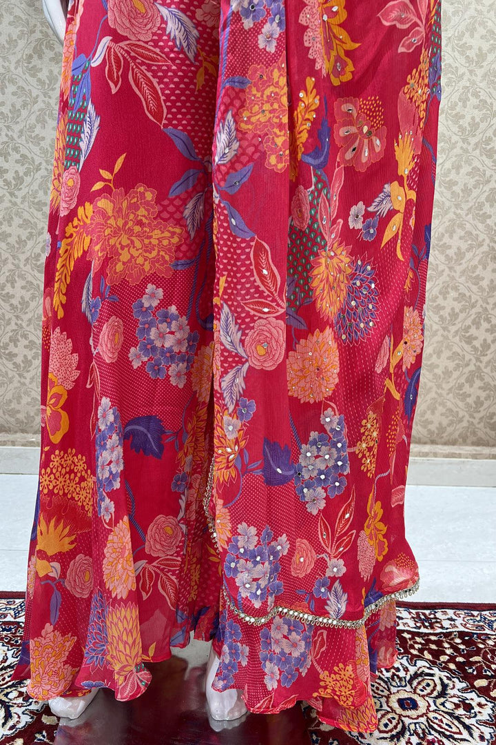Pink Sequins and Mirror work with Floral Print Palazzo Set - Seasons Chennai